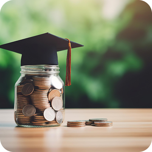 Graduation cap on a jar of coins, symbolizing a scholarship fund